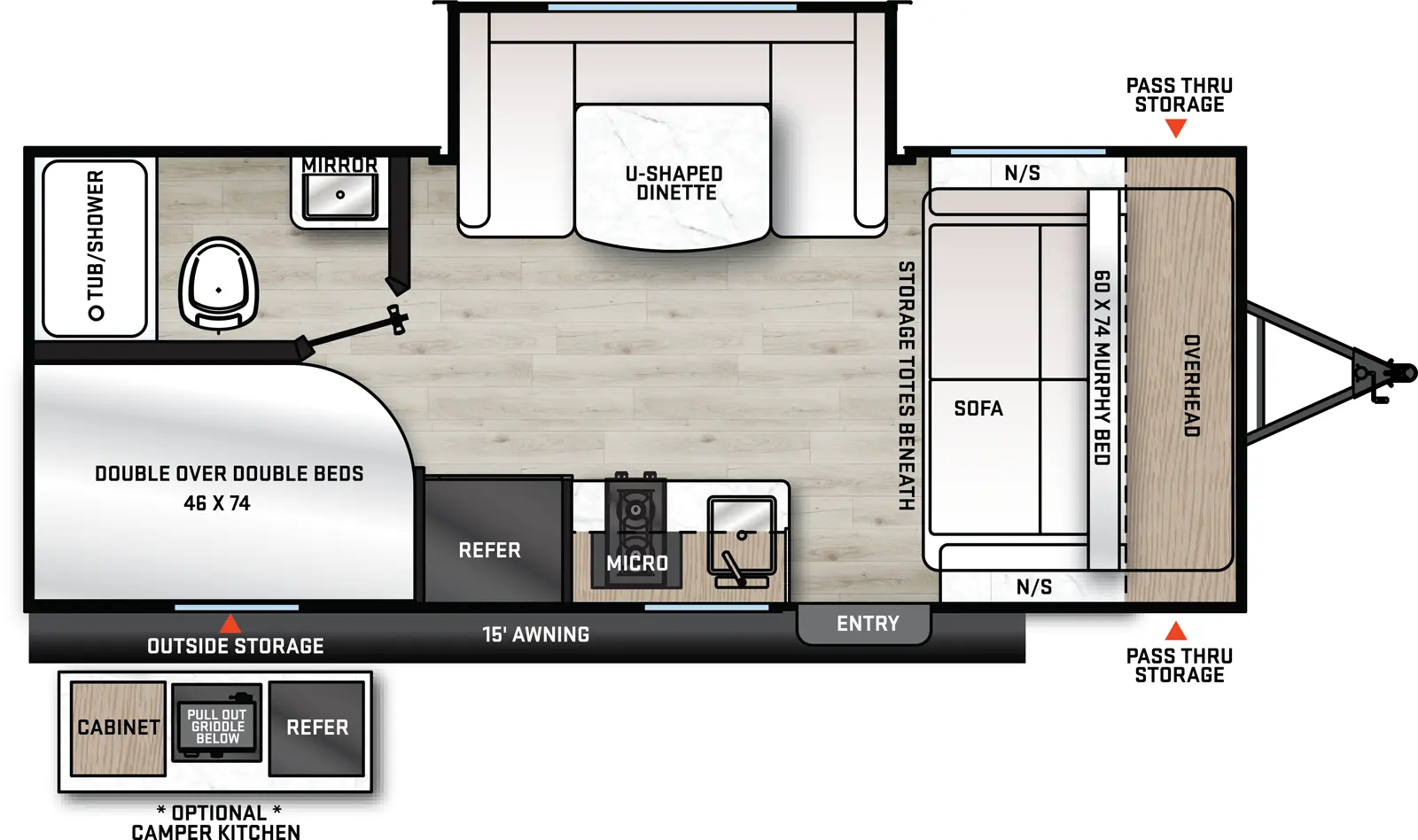 The Aurora 18BHS floorplan has one entry and one slide out. Exterior features include: metal exterior, 15' awning and outside kitchen. Interiors features include: bunk beds, u-dinette and murphy bed.